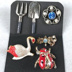Vintage Estate Brooch Pin Lot Multicolor Enamel Rhinestone Ladybug Bird Garden